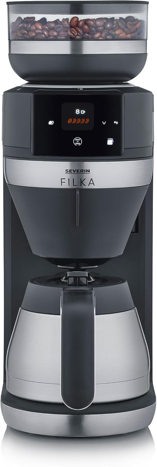 SEVERIN Filka 9695 Fully Automatic Coffee Machine for Filter Coffee, 5-in-1 Filter Coffee Machine with LED Display, Grinder, with Thermal Jug, Matte Black/Stainless Steel