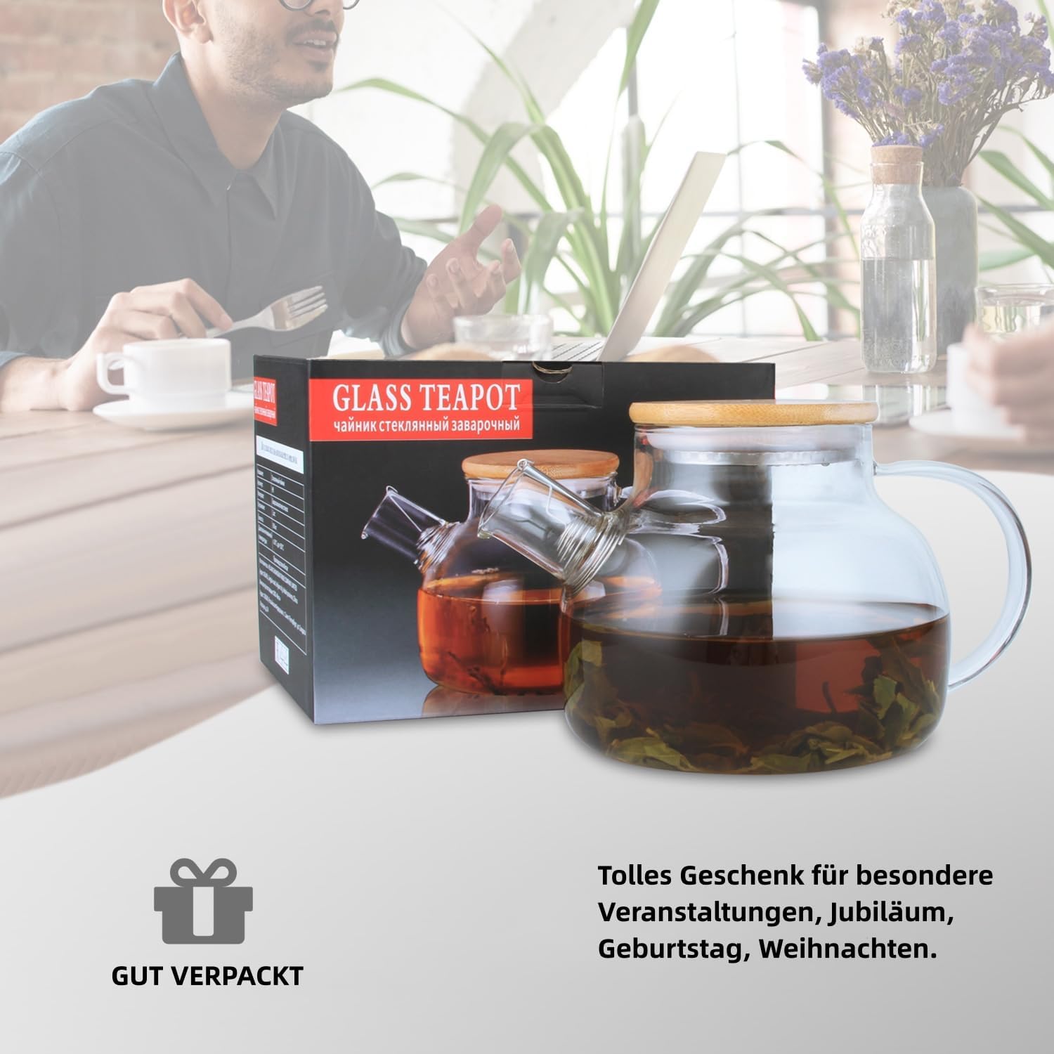 CnGlass Glass Teapot with Bamboo Lid 600 ml / 20.3 Oz, Transparent Teapots with Removable Tea Strainer, Hob Safe Teapot for Loose Leaves and Blooming Tea, Blooming Tea Gift Set
