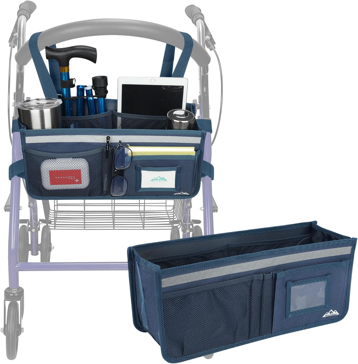 supregear Rollator Basket, Large Capacity Organiser Bag with Multiple Pockets, Foldable Universal Waterproof Storage Bag for Seniors, Dark Blue