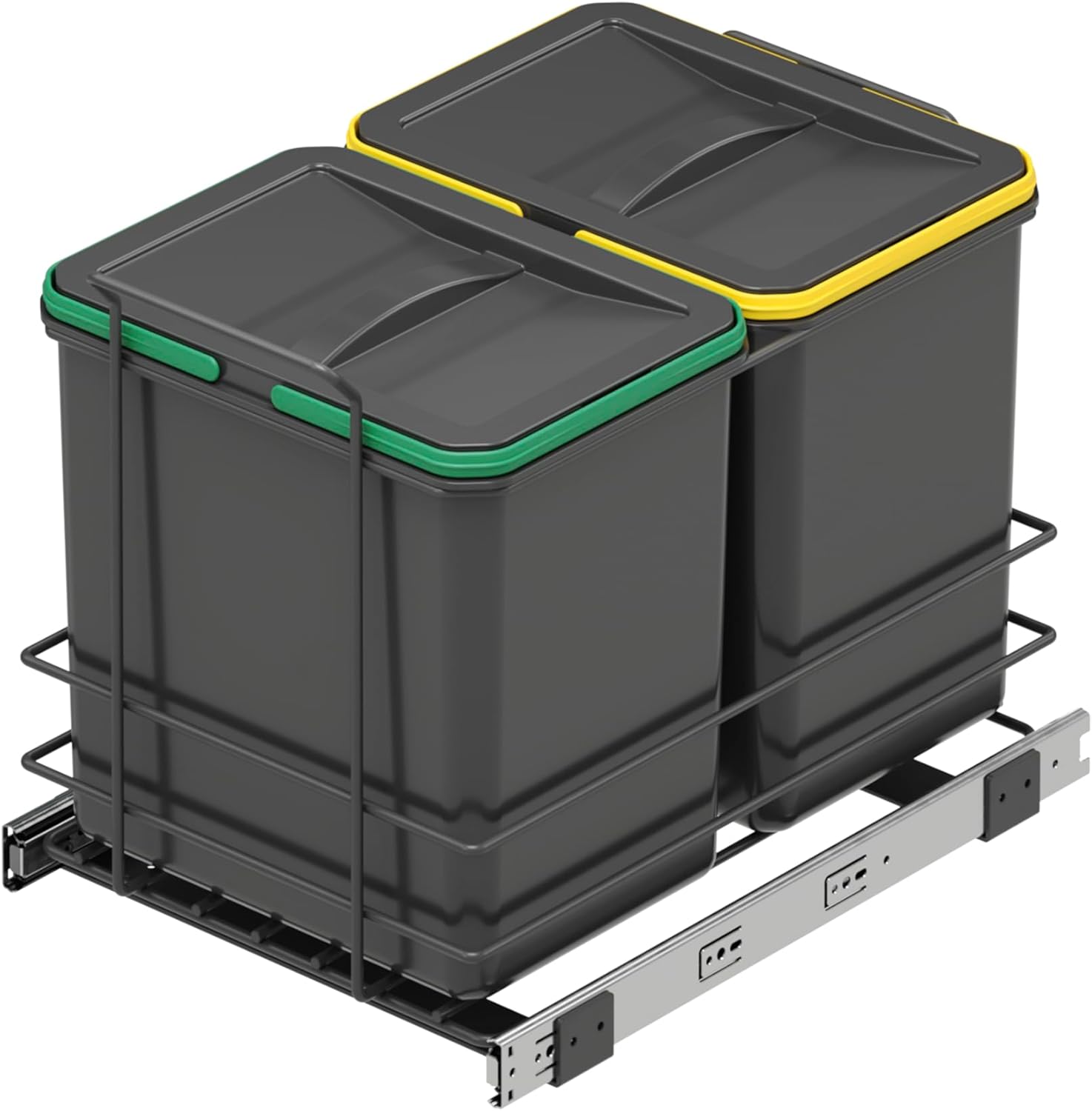 Emuca 2 x 16L Kitchen Recycling Bin, Floor Fixing & Hand Pull Out, Charcoal Gray Plastic