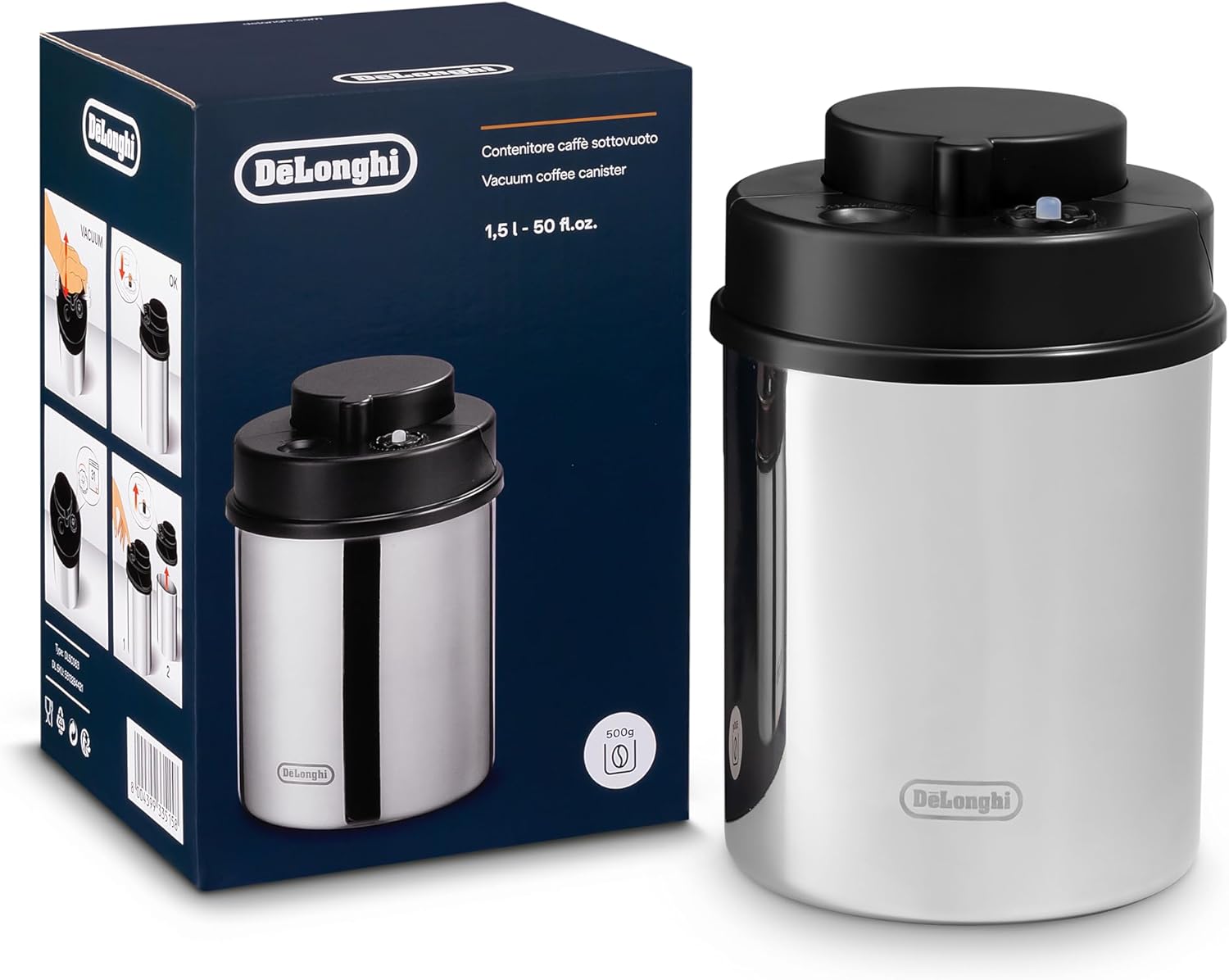 De\'Longhi Vacuum Coffee Container DLSC063 - Descaler for Coffee Machines and Fully Automatic Coffee Machines, Vacuum Container for Coffee Storage of Coffee Beans and Ground Coffee with Integrated