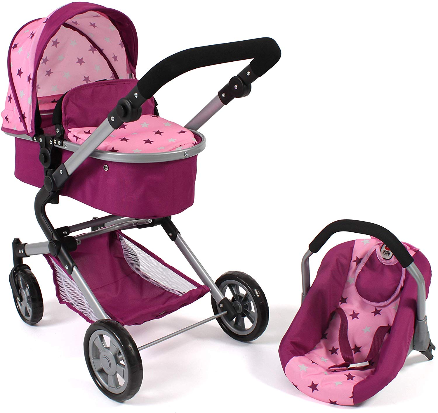 Bayer Chic 2000 597 78 3-in-1 Combi Lia, Doll\'s Pram Set with Car Seat, Baby Bath and Sports Seat, Stars Blackberry