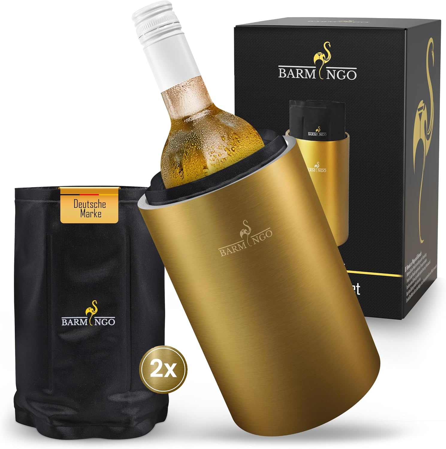 Stainless Steel Wine Cooler with 2 Ice Packs, Drink Cooler & Bottle Cooler for Wine, Sparkling, Champagne, Double-Walled Champagne Cooler with Cooling Cuffs, Wine Bottle Cooler, Gold