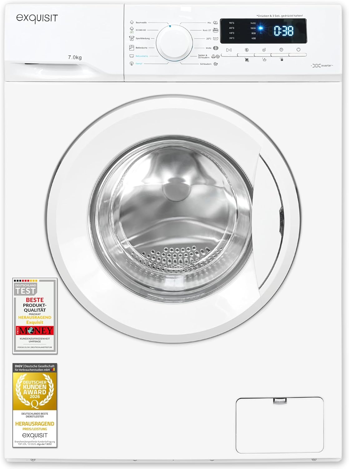 Exquisit WA57014-020Aweiss Washing Machine, 7 kg Capacity, Energy Efficiency Class A, 12 Washing Programmes, Child Lock, Start Time Delay
