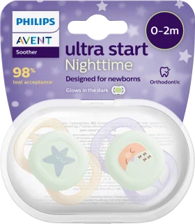 Philips Avent pacifier ultra start Nighttime, purple/cream, 0-2 months, 2 pcs