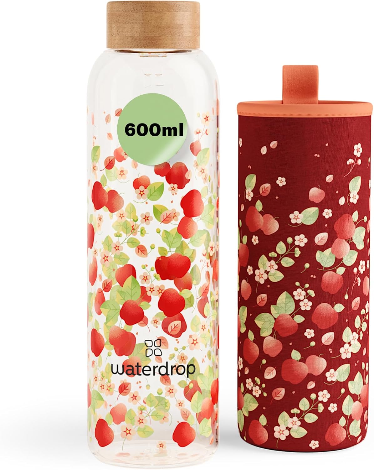 Waterdrop Edition Glass Bottle 600 ml Leak-Proof Drinking Bottle Suitable for Carbonated Drinks, BPA-Free Water Bottle with Neoprene Case, Dishwasher Safe, Lightweight Borosilicate Glass Bottle