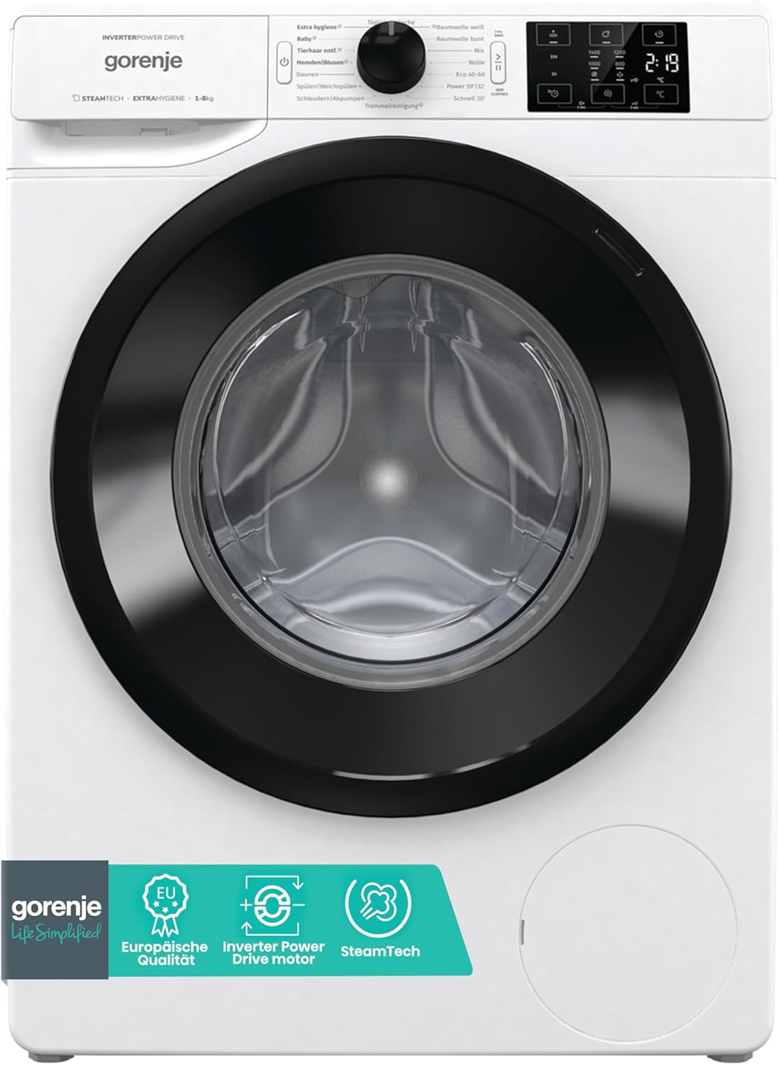 Gorenje WAM 84 AP Washing Machine with Steam Function, 8 kg, 1400 U, 16 Programmes, AquaStop, Inverter PowerDrive Motor, Stainless Steel Drum, Child Lock, Energy Efficiency Class A, White