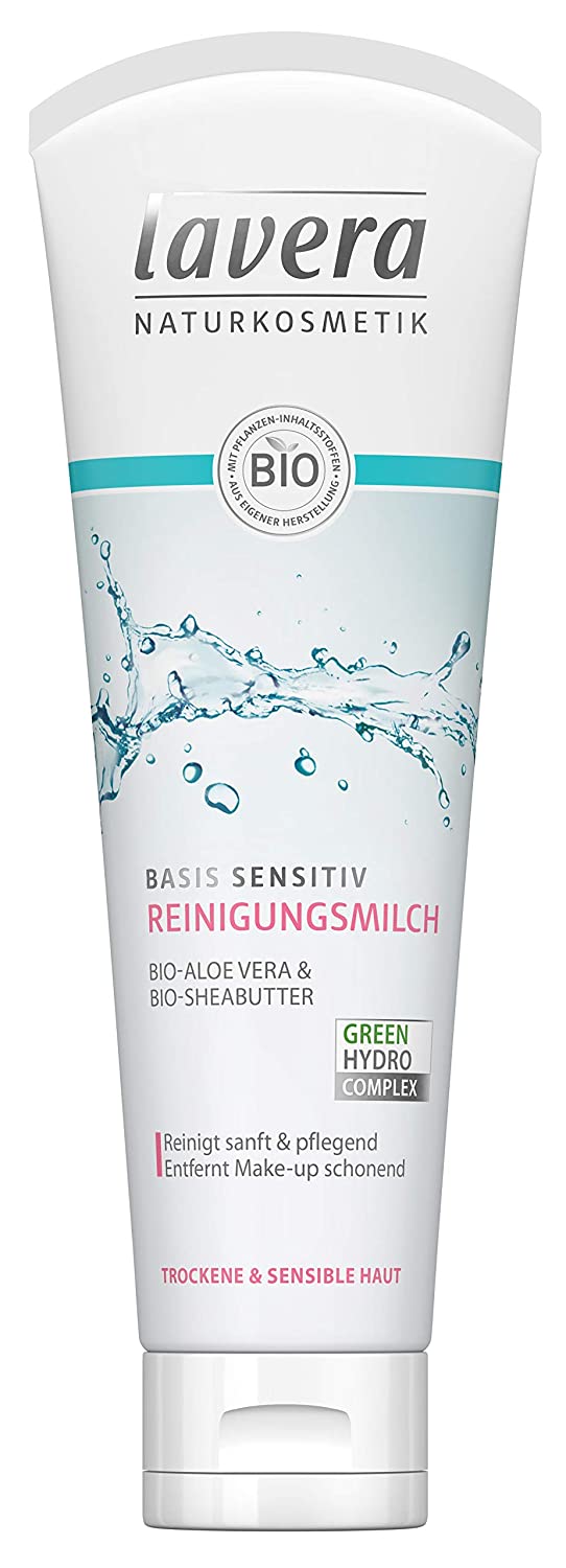 lavera Basic sensitive cleansing milk, organic aloe vera and shea butter, dry and sensitive skin, vegan organic plant active ingredients, natural cosmetics, natural and innovative facial cleansing, pack of 2 (2 x 125 ml)