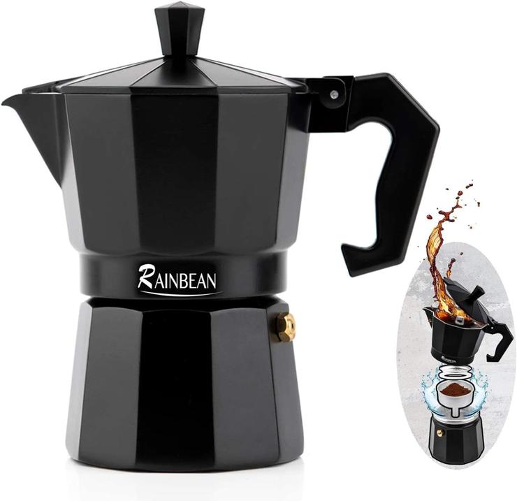 RAINBEAN Espresso Maker, Italian Stove Coffee Machine Mocha Pot 3 Cups, Cafetiera Coffee Machine for Ground Coffee Americano Latte Mocha Cappuccino Macchiato Coffee Maker, Black