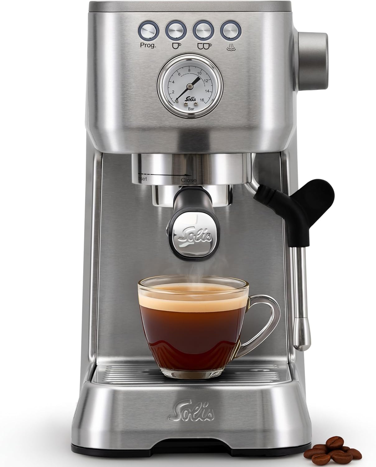 Solis Barista Perfetta Plus Espresso Machine, Semi-Automatic Coffee Machine with Milk Frother, Programmable Coffee Machine with Removable Water Tank, Hot Water and Steam Function, Silver