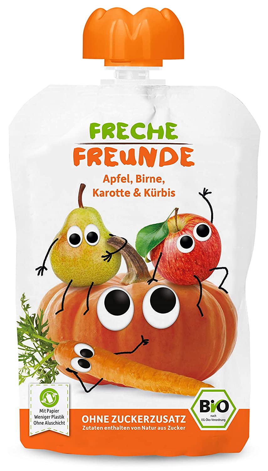FRECHE FREUNDE Bio Gemüse Quetschie Apfel, Birne, Karotte & Kürbis, Babynahrung ab dem 6. Monat, 100g