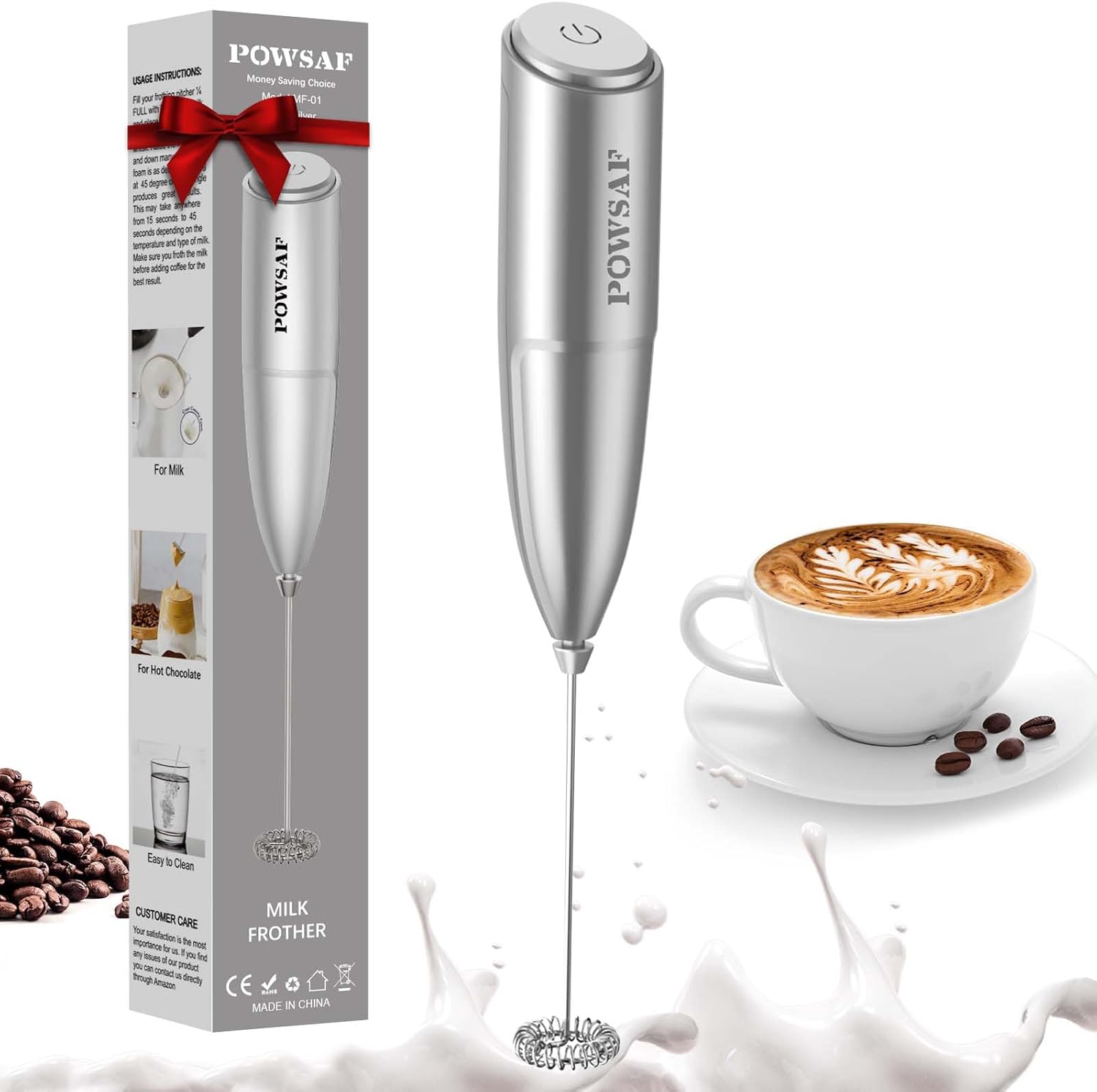 POWSAF Electric Milk Frother, Handheld Milk Frother Stick, Milk Frother Stick, 13000 rpm, Milk Frother for Coffee, Latte, Cappuccino, Black/Silver
