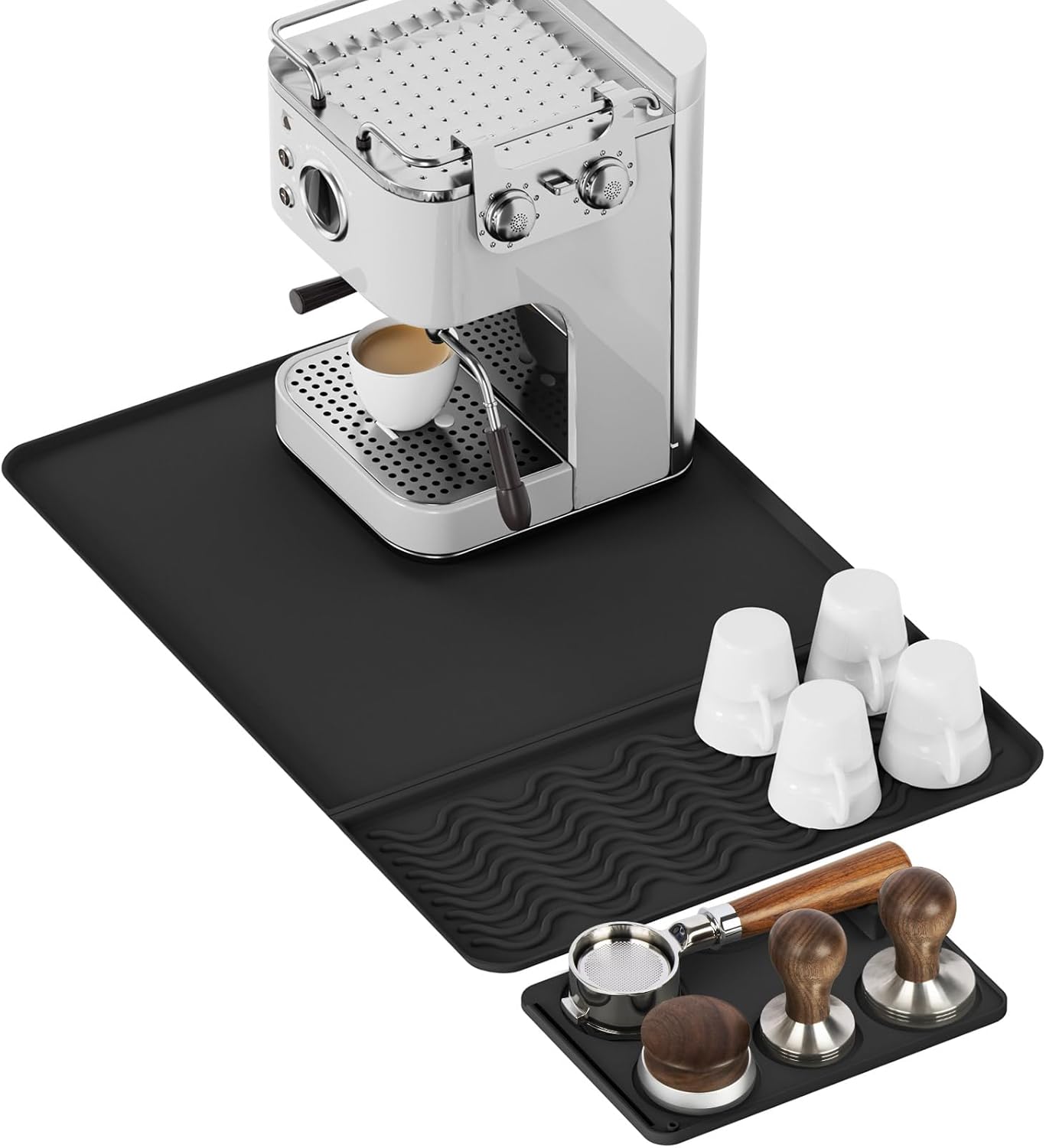 HONZUEN Store Silicone Underlay Coffee Machine 60 x 40 cm with Removable Tamping Pad, Coffee Mat Set 2 in 1, Non-Slip, Water-Repellent, Heat Resistant, Worktop Protection Mat - Black
