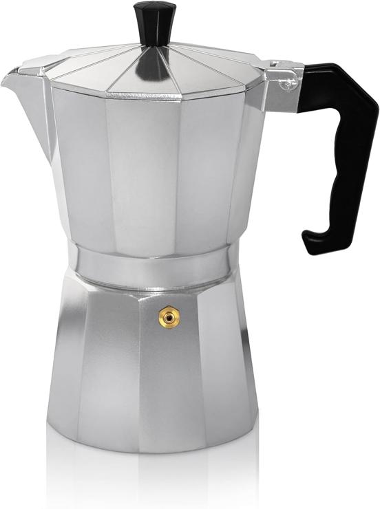 Kruger KRÜGER Aluminum Espresso Maker with Silicone Sealing Ring for 9 Cups - Quick and Easy Espresso Preparation - Safety Valve Prevents Overflow - Handy Handle (Silver)