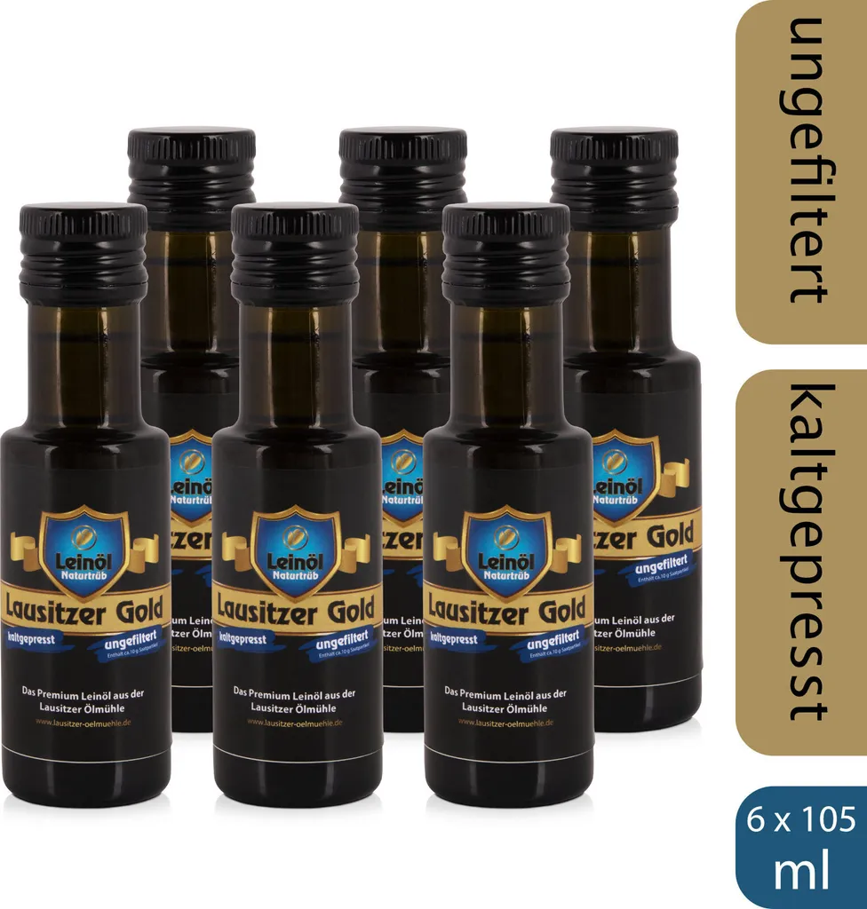 Lausitzer Ölmühle Hoyerswerda 6 x Lausitzer Linseed Oil - Lausitzer Gold (cold-pressed unfiltered premium linseed oil), 6 x 105ml