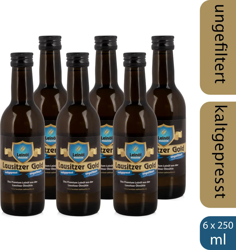 Lausitzer Ölmühle Hoyerswerda 6 x Lausitzer Linseed Oil - Lausitzer Gold (cold-pressed unfiltered premium linseed oil), 6 x 250ml