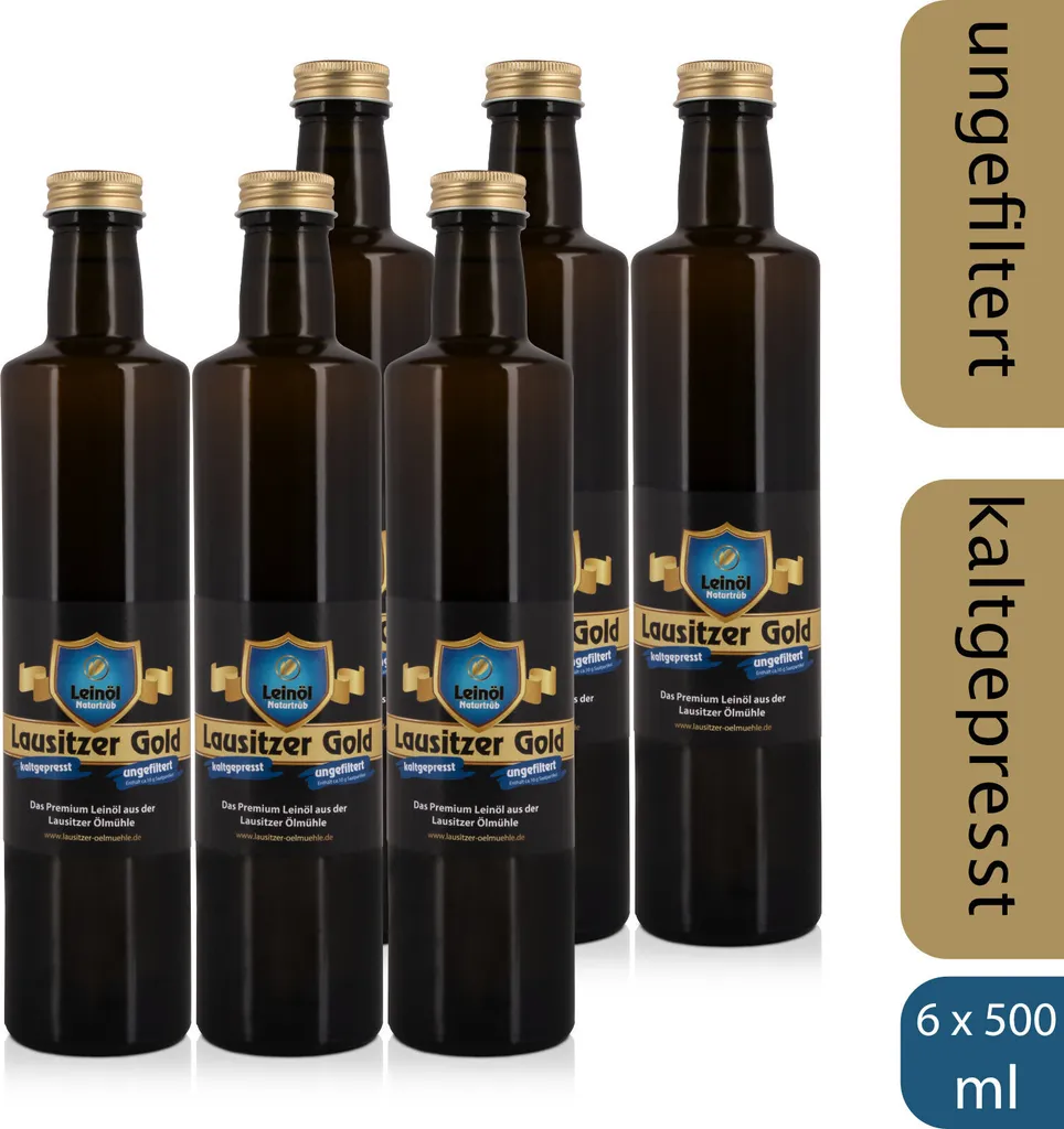 Lausitzer Ölmühle Hoyerswerda 6 x Lausitzer Linseed Oil - Lausitzer Gold (cold-pressed unfiltered premium linseed oil), 6 x 500ml