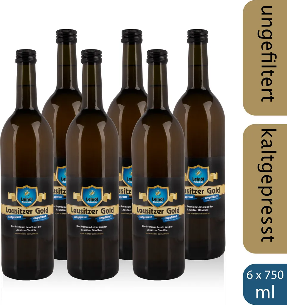 Lausitzer Ölmühle Hoyerswerda 6 x Lausitzer Linseed Oil - Lausitzer Gold (cold-pressed unfiltered premium linseed oil), 6 x 750ml