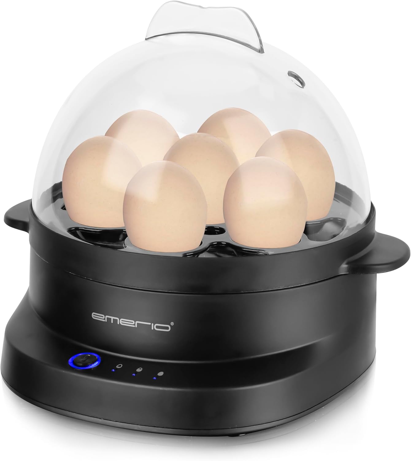 EMERIO Unique egg cooker cooks all three cooking levels [soft|medium|hard] in just one cooking process for 7 eggs with perfect result and speaks different languages ​​(DE EN FR ES IT PL NL SE)