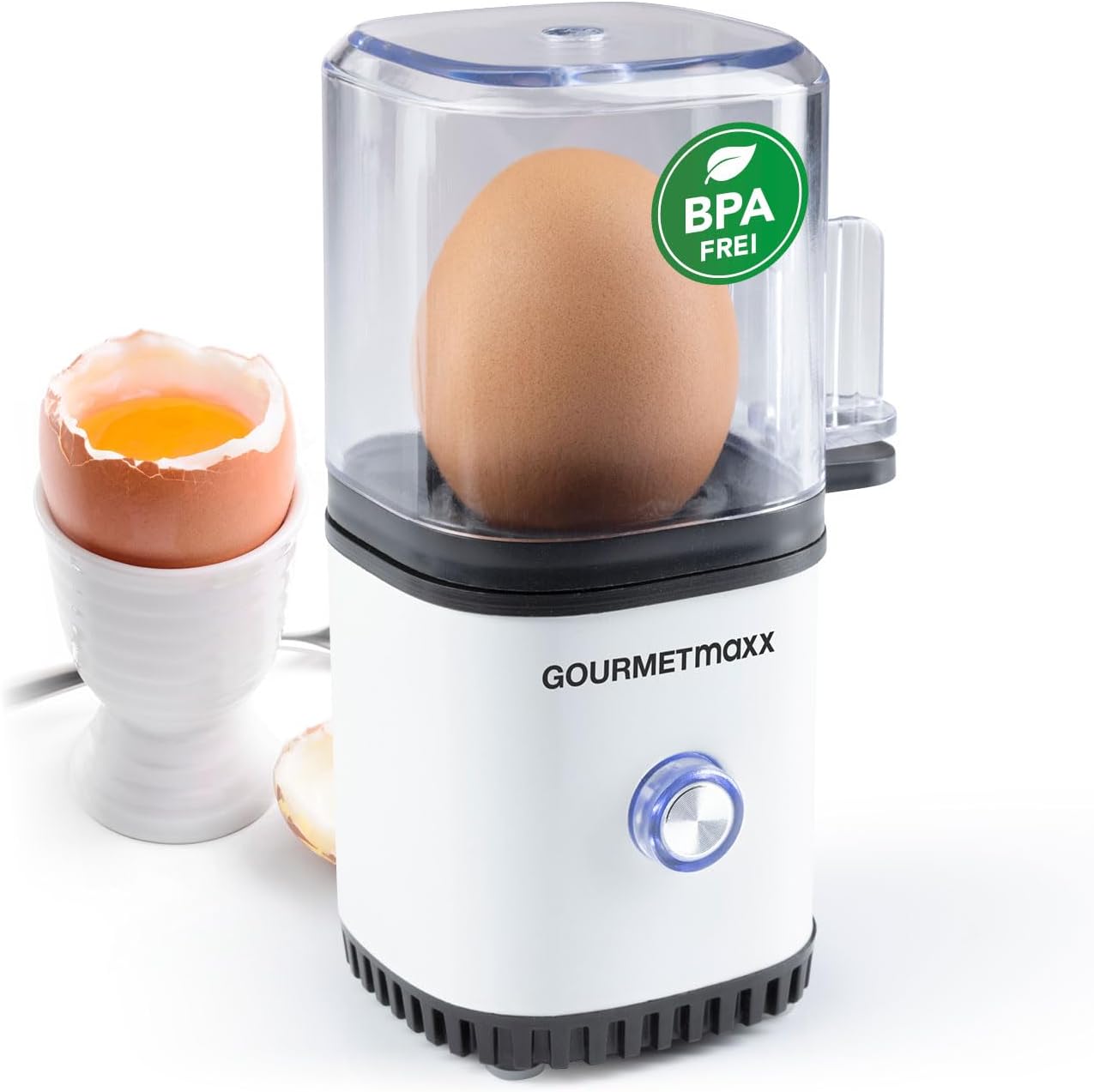 GOURMETmaxx Egg Cooker for 1 Egg | Egg Boiler with Egg Cutter in Measuring Cup | Egg Cooker - 3 Hardness Levels for Your Egg Cup | Small Egg Cooker Design - Dishwasher Safe Parts