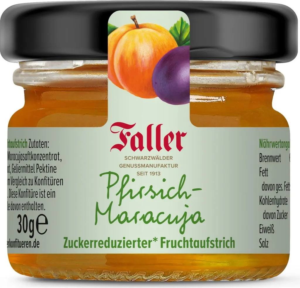 60x FALLER Peach-Passion Fruit Jam (fine marmalade, 30g per jar)