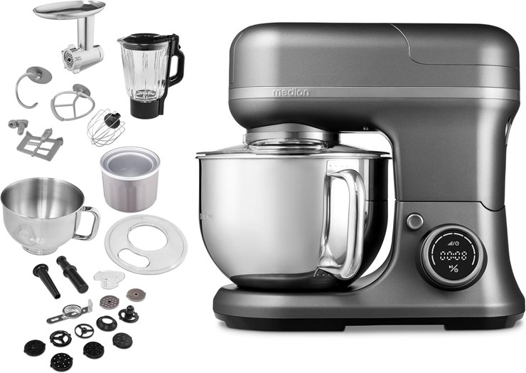 MEDION 4-in-1 Universal Food Processor (1,200 Watt, 8 Levels, Mixing, Kneading, Stirring, Mixing Meat Grinder, Ice Bowl for Preparing Ice, Digital Display, MD18440) Titanium
