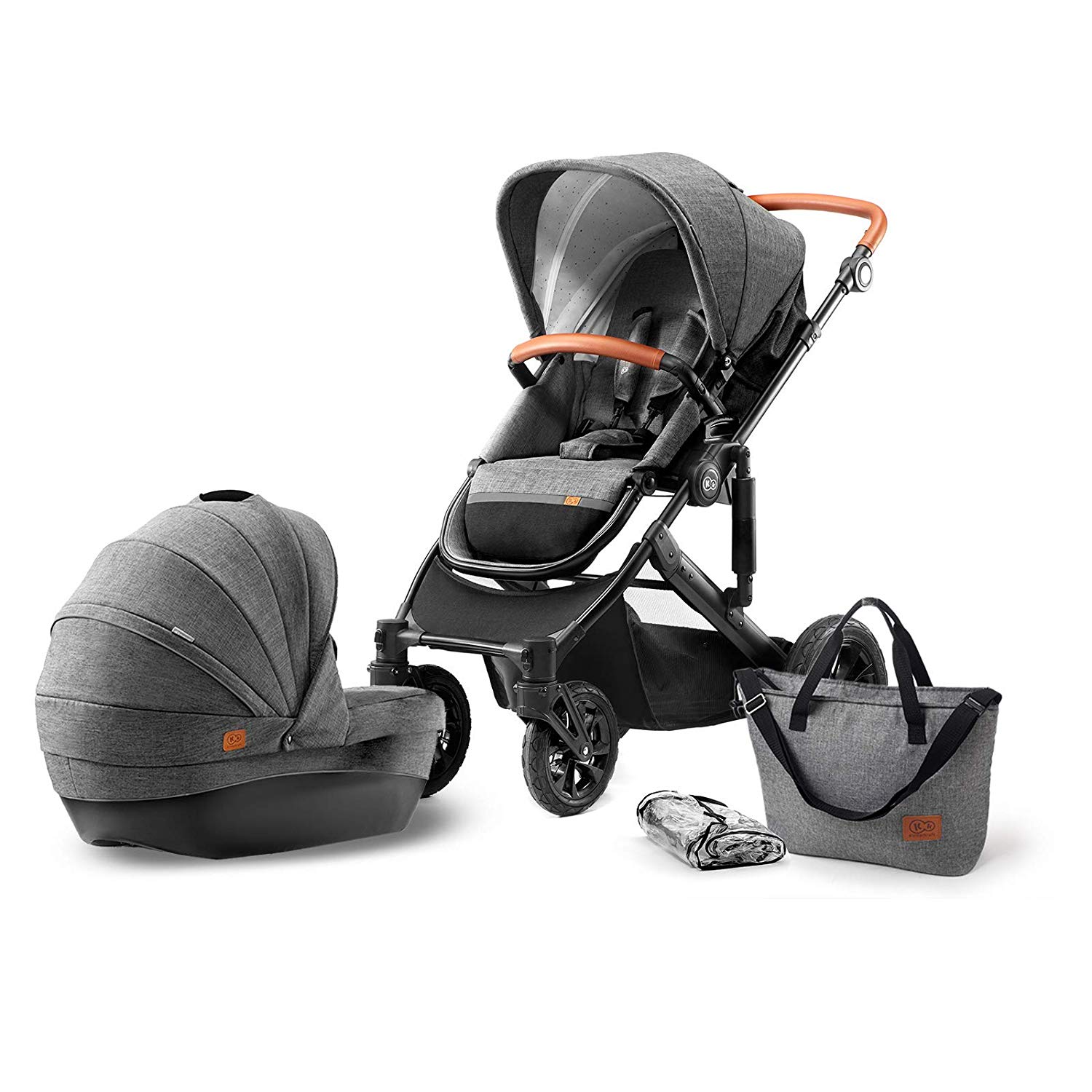 kk Kinderkraft Kinderkraft 2 in 1 PRIME pushchair, pushchair set, combi pushchair, pushchair, buggy and carrycot, accessories, big wheels, pneumatic tires, comfortable buggy seat, easy folding, gray
