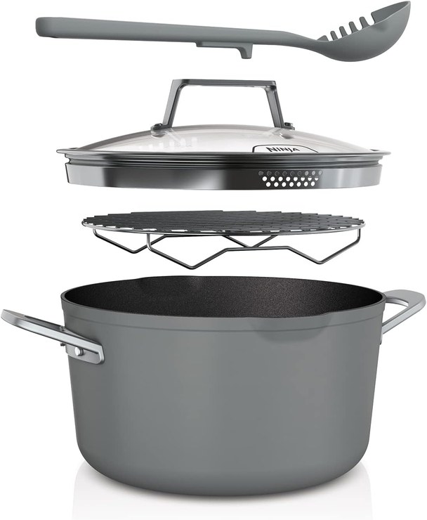 Ninja Foodi 8-in-1 PossiblePot with ZEROSTICK, Roasting/Steam Rack, Strainer, Utensil, Glass Lid, 6.6 L, Suitable for Induction, Oven Safe up to 260 °C, Sea Salt Gray CW202GYUK