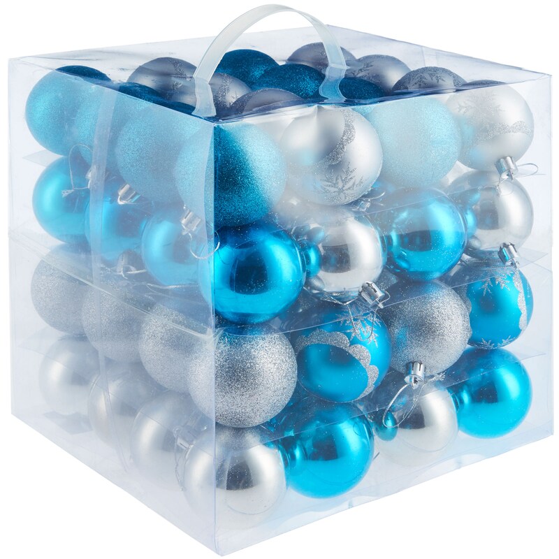 64 unbreakable Christmas tree baubles in silver/blue - silver/blue