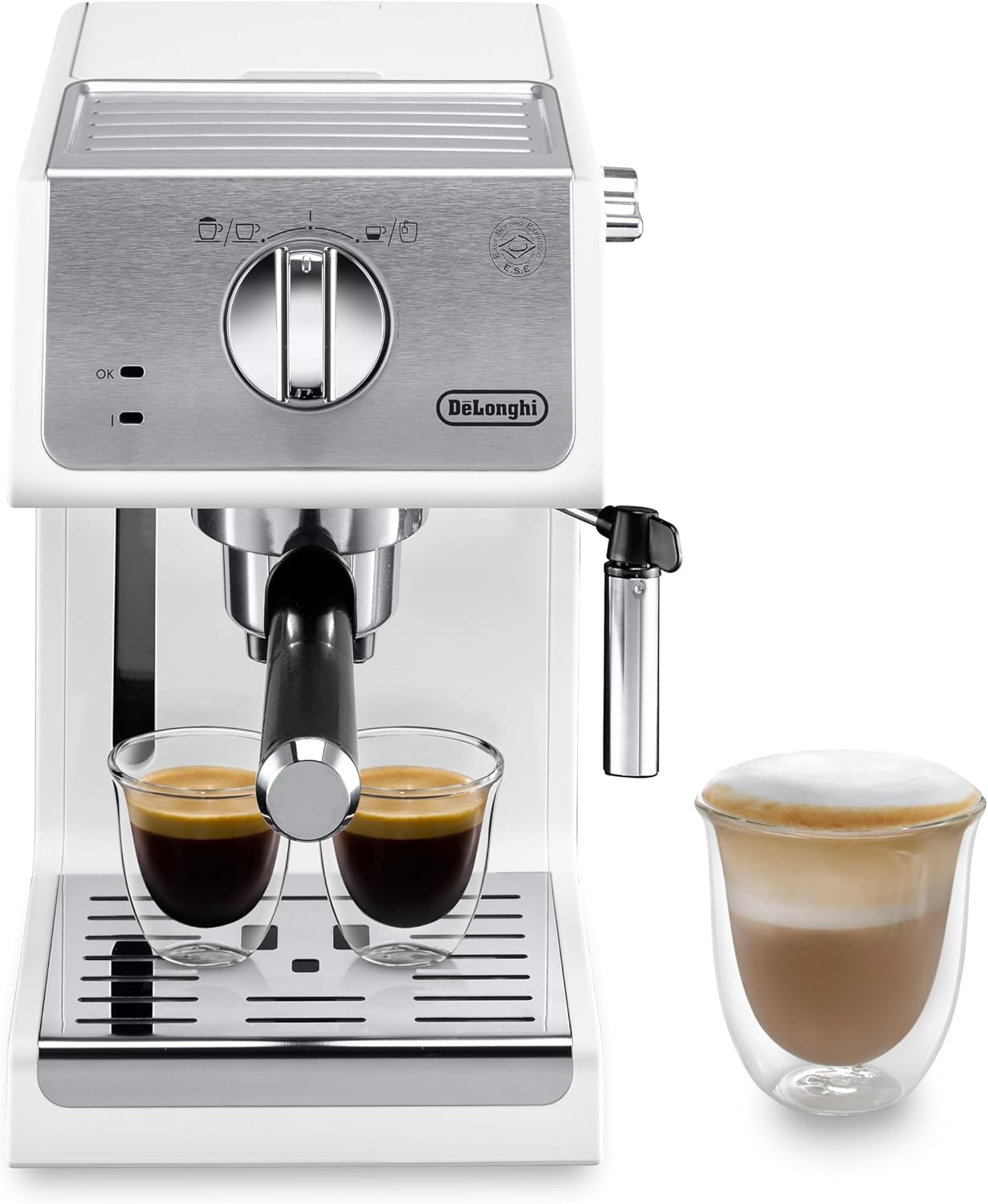 De\'Longhi Active Espresso Portafilter ECP 33.21.W - Professional Food Press Machine with Aluminum Finish, Includes Traditional Milk Foam Nozzle, Cup Warmer & Hot Water Function, White