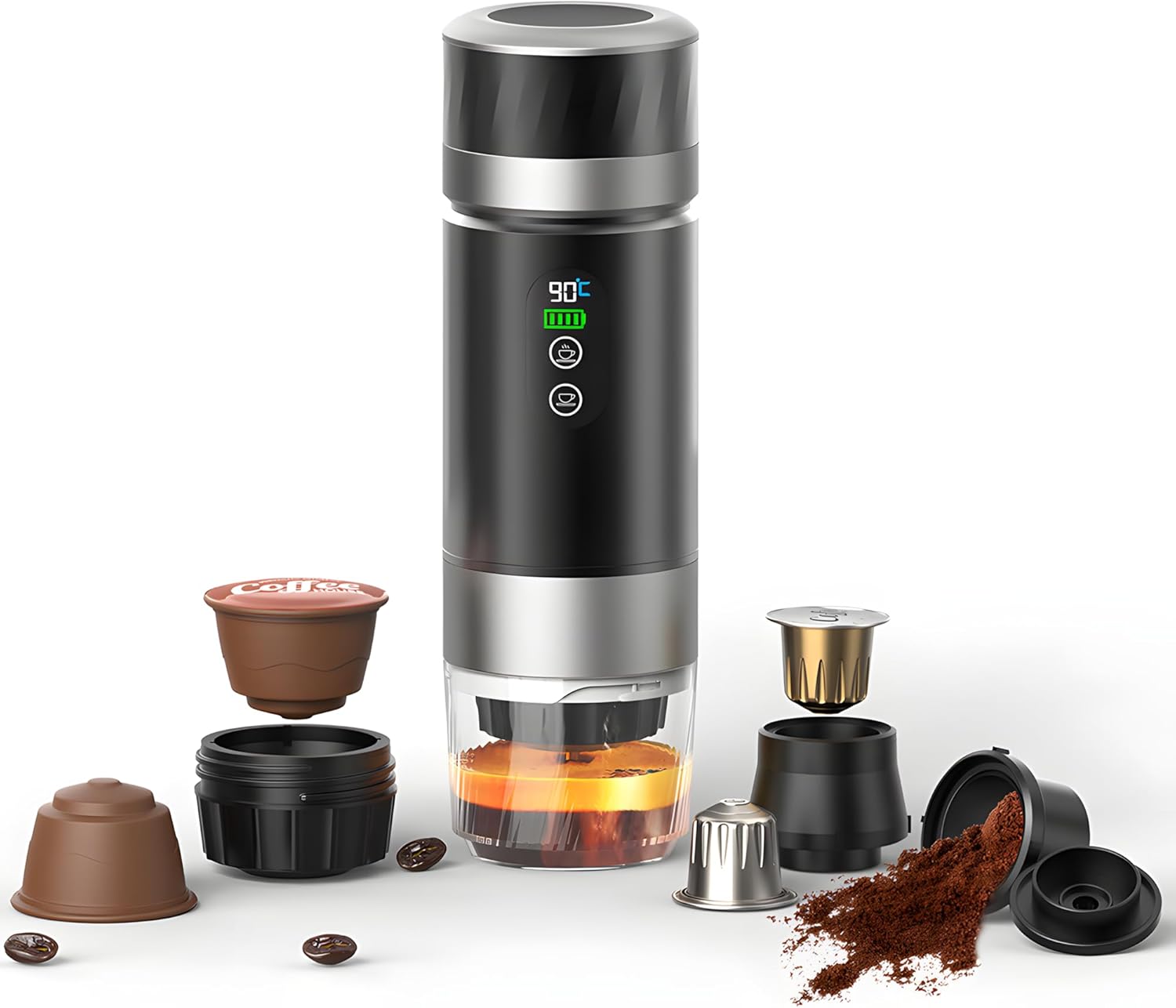 Winwj Portable Coffee Machine with Battery for Camping Travel, Self-Heating Espresso Machine, 3-in-1 Capsule Coffee Machine Compatible with Ground Coffee & NS Capsule, 80 ml Water Tank for Travel and Car