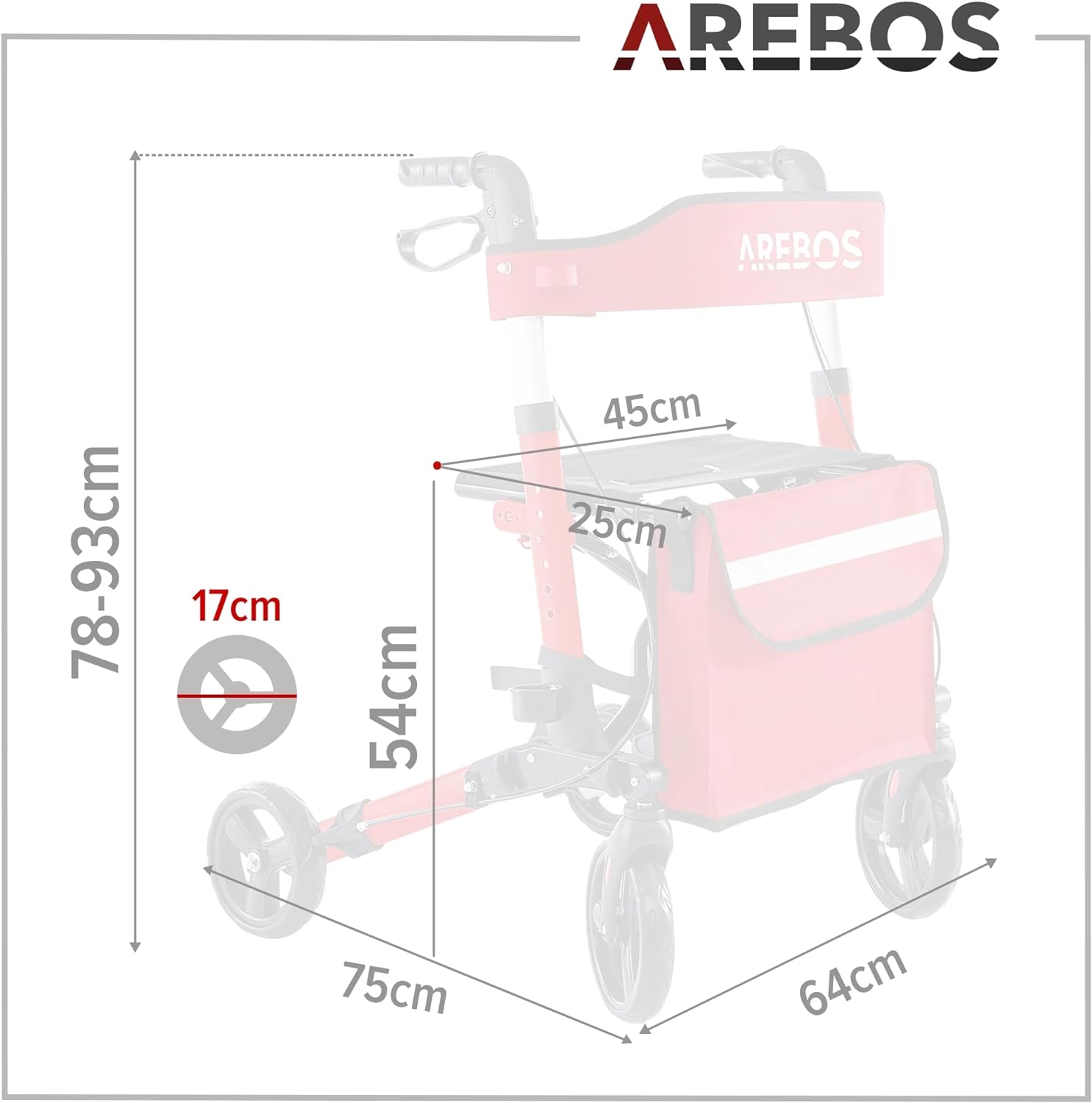Arebos Lightweight Rollator, Aluminium, 6-way height adjustable, Comfortable Seat, Stick Holder, Removable Shopping Bag, Foldable, Ready to Use