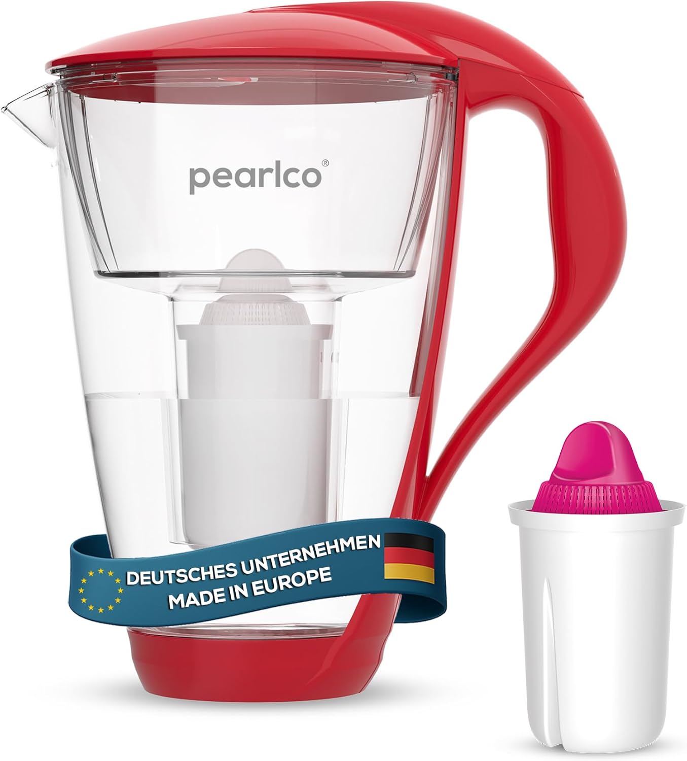 PearlCo Glass Water Filter (Red) with 1 Magnesium Classic Filter Cartridge - Made in EU