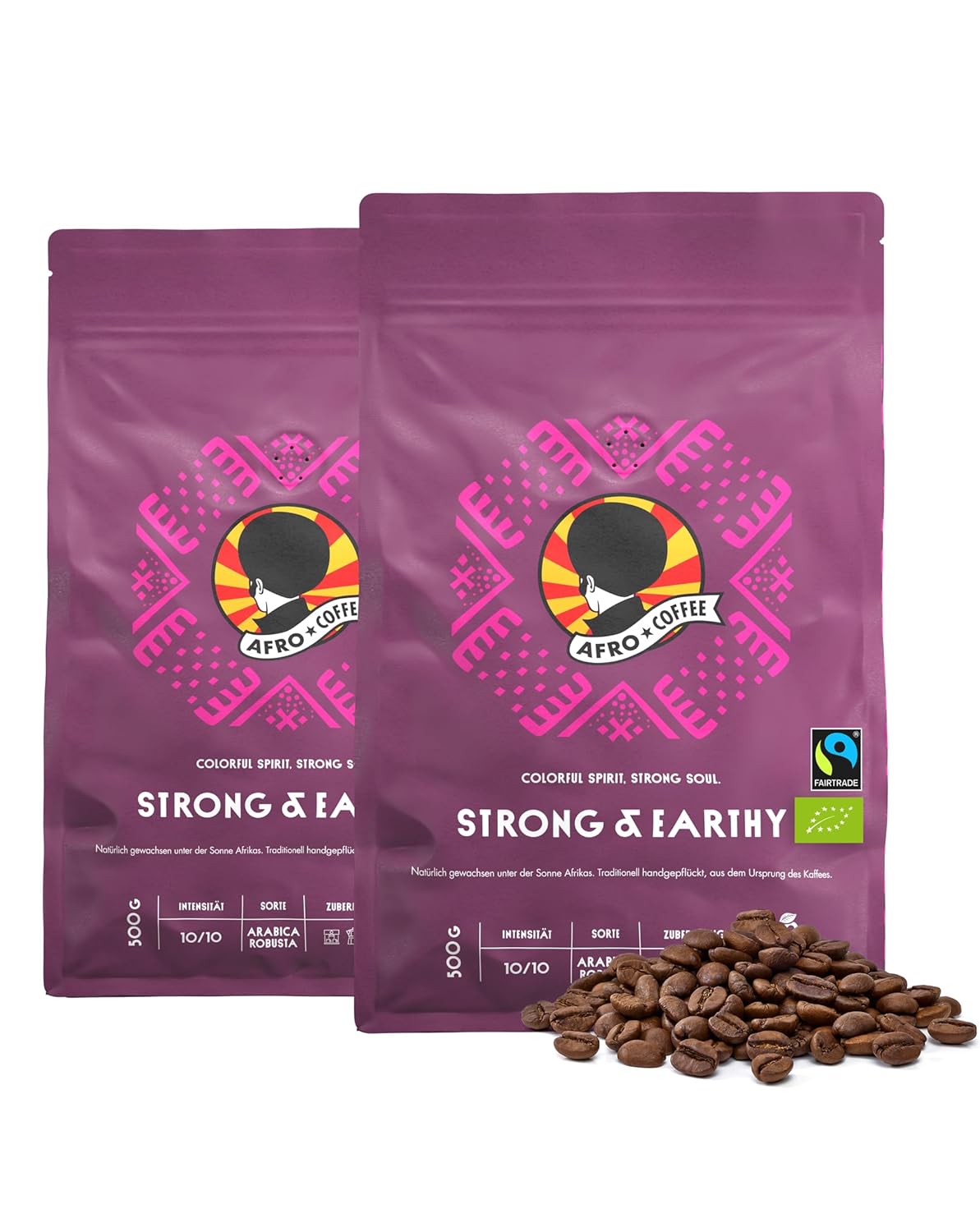 AFRO COFFEE Strong & Earthy I 2 x 500 g Premium Organic Coffee Beans Fairtrade I Arabica & Robusta Beans I Bean Coffee from East Africa with Nutty Note I Hand-Picked, Dark Roasted, Low Acid
