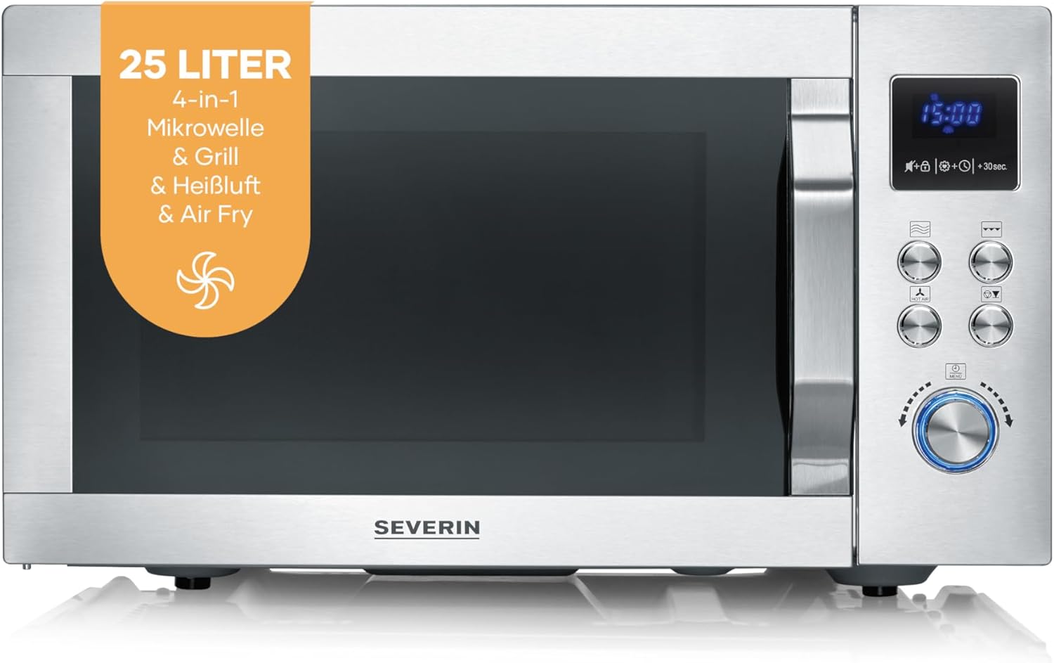 SEVERIN MW 7982 4-in-1 Microwave Crispy Wave Hot Air Function up to 230°C, Hot Air Fryer, Microwave, Oven & Grill, 95 min Timer, Max. 2150 W Power, 25 L, Silver/Stainless Steel