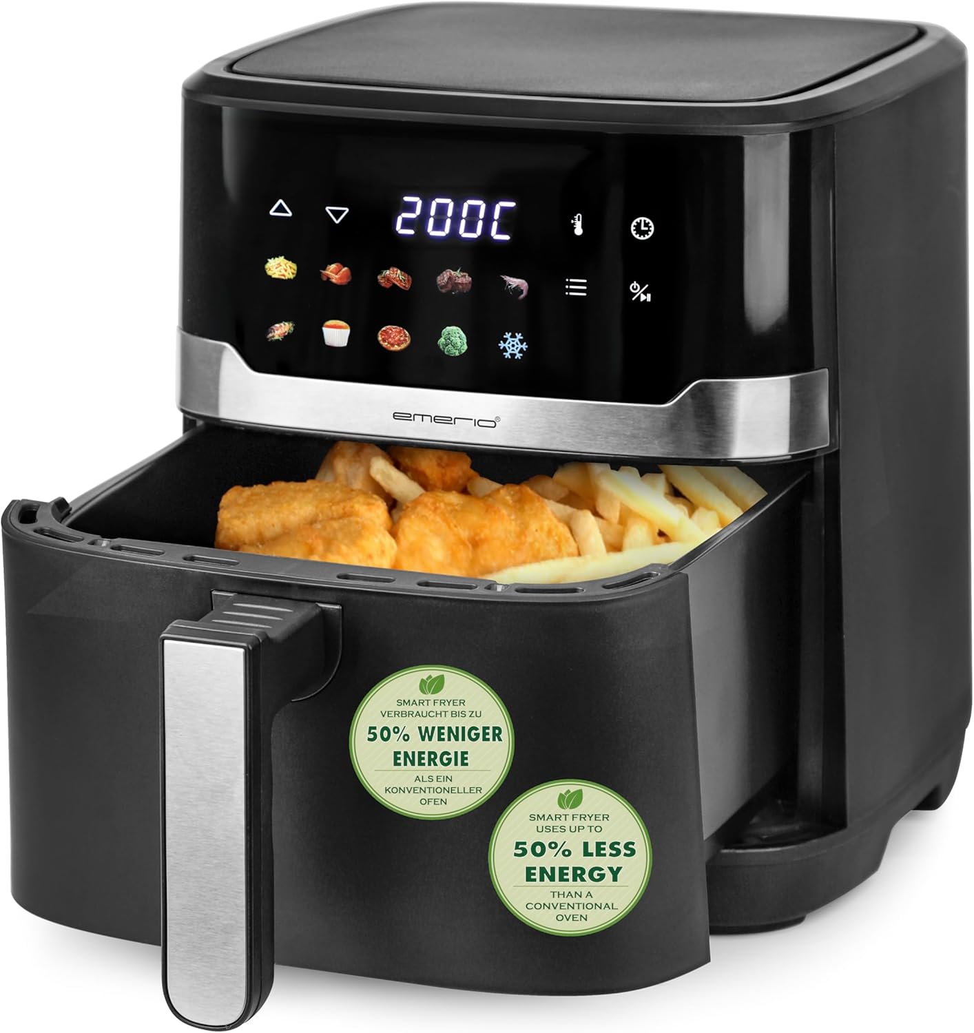 EMERIO AF-132658.3 Digital XXL Hot Air Fryer with 6.5 L Color Display AirFryer Frying without Additional Oil 10 Automatic Programs Cool Touch Timer Quick Heating