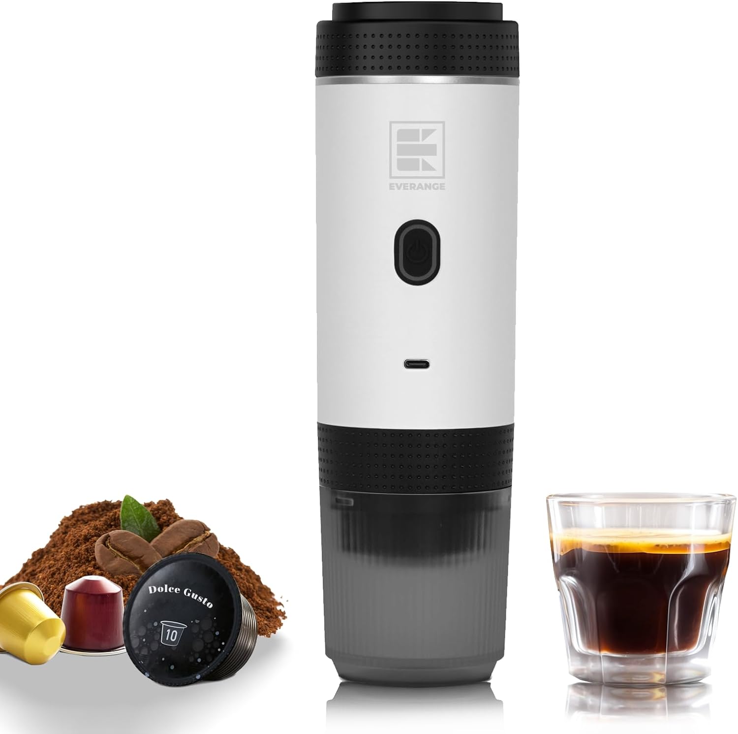 Portable Electric Espresso Machine, Travel Coffee Maker for Camping, Car, RV and Hiking, Self-Heating with Type-C Compatible with Ground Coffee and NS Capsules, White