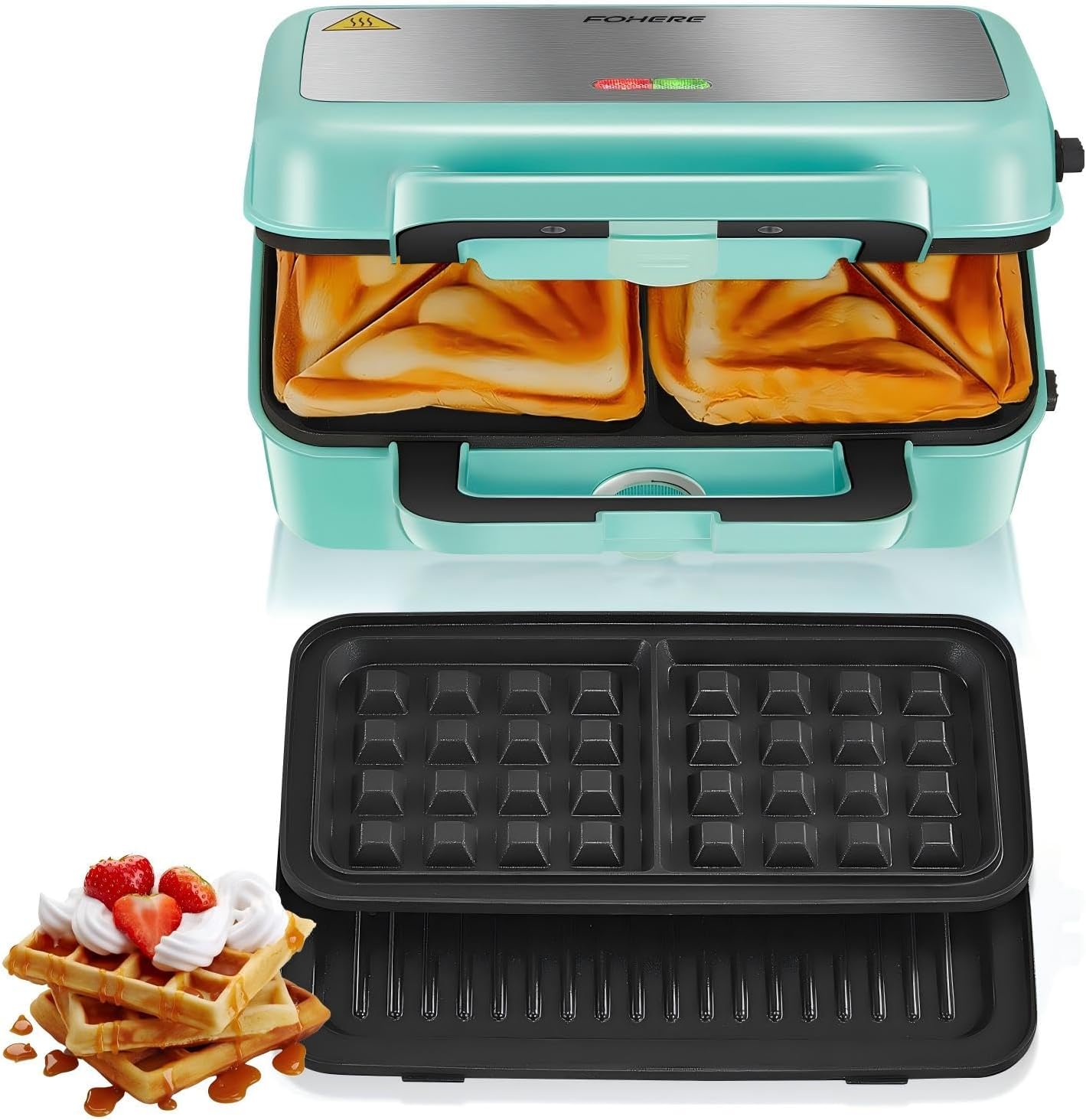 Sandwich Maker 3 in 1, 1200 W Waffle Iron/Contact Grill/Sandwich Toaster, 5-Speed Temperature Control, Non-Stick Coating Plate Sets, Heat-Insulated Handle, Dishwasher Safe, LED Lights, Blue