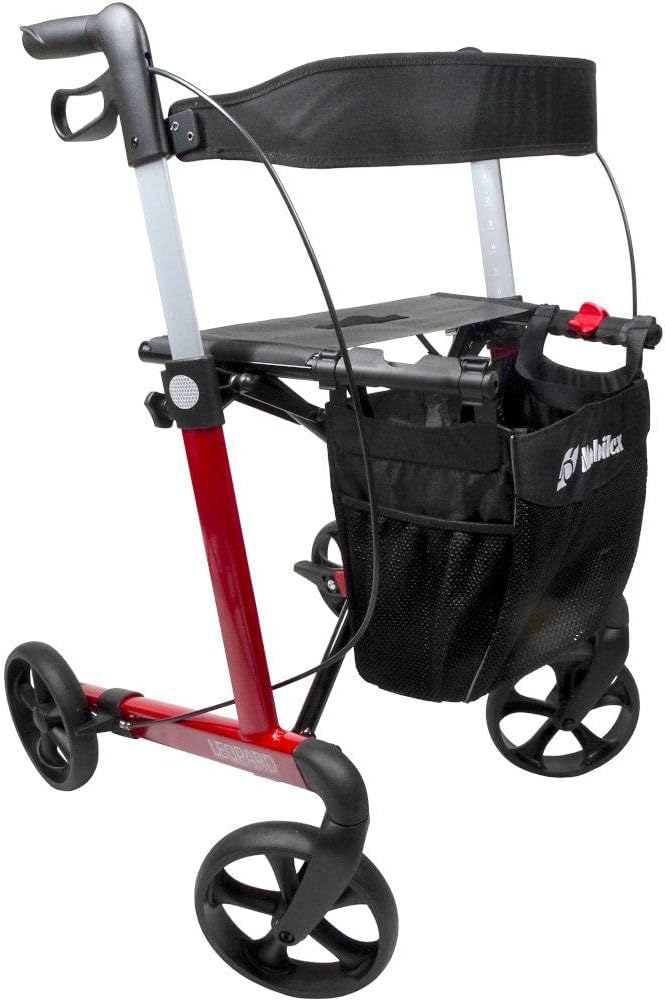 FabaCare Lightweight Leopard Rollator Aluminum Rollator Lightweight Foldable Indoor and Outdoor Full Equipment Load 150 kg Red