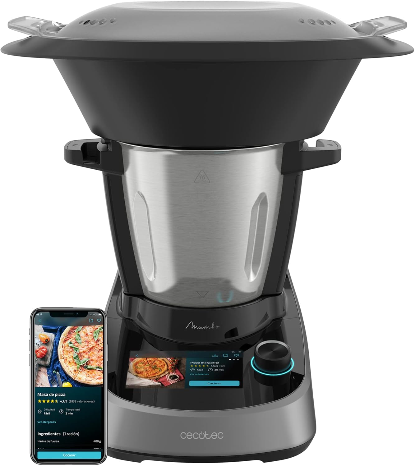 Cecotec Mambo Touch Multifunctional Food Processor, 1600 W, 37 Functions, 5 Inch TFT Touch Screen, with Integrated Recipes, 3 Liter Capacity, App, Stainless Steel Scales and Jug, 04345, Black