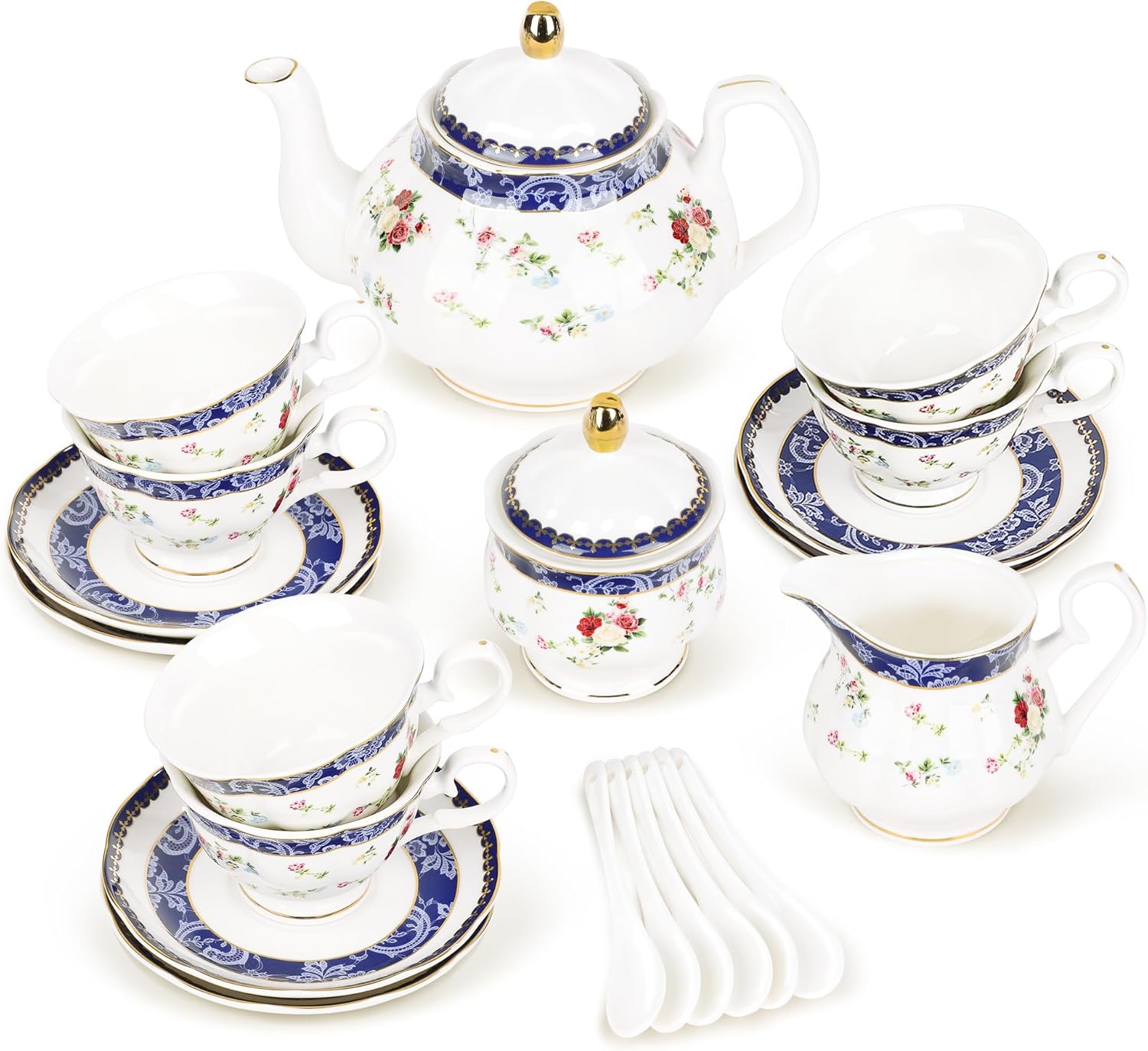 fanquare 21 Piece Blue Rose British Afternoon Tea Set, Modern Porcelain Teapot Set, Vintage Coffee Cup and Saucer Set, Adult Tea Service for 6 People