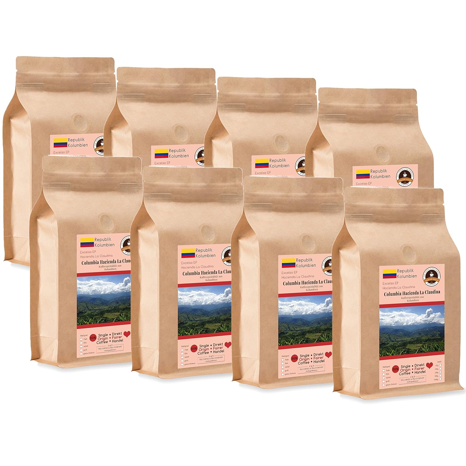 Kaffee Globetrotter Coffee Globetrotter - Coffee with Heart - Colombia Hacienda La Claudina - 8 x 1000 g Coarse Ground - for Fully Automatic Coffee Grinder - Roasted Coffee Fair Trade | Gastropack Economy Pack