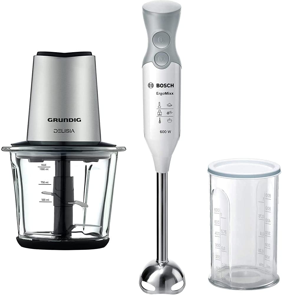 GRUNDIG CH 8680 Multi Chopper, 1 Litre Glass, Delisia, Stainless Steel, 1 Litre & Bosch MSM66110 ErgoMixx Hand Blender, Plastic, White/Telegrey