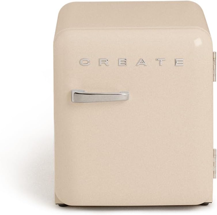 CREATE Retro Friend 50 Silver Fridge in Sand, Silver Handle / 85 W, Mini Bar, One Shelf, Retro Design, 50 cm, Two Shelves, 48 ​​L Capacity, Energy Saving, 50 x 44 x 49.8 cm