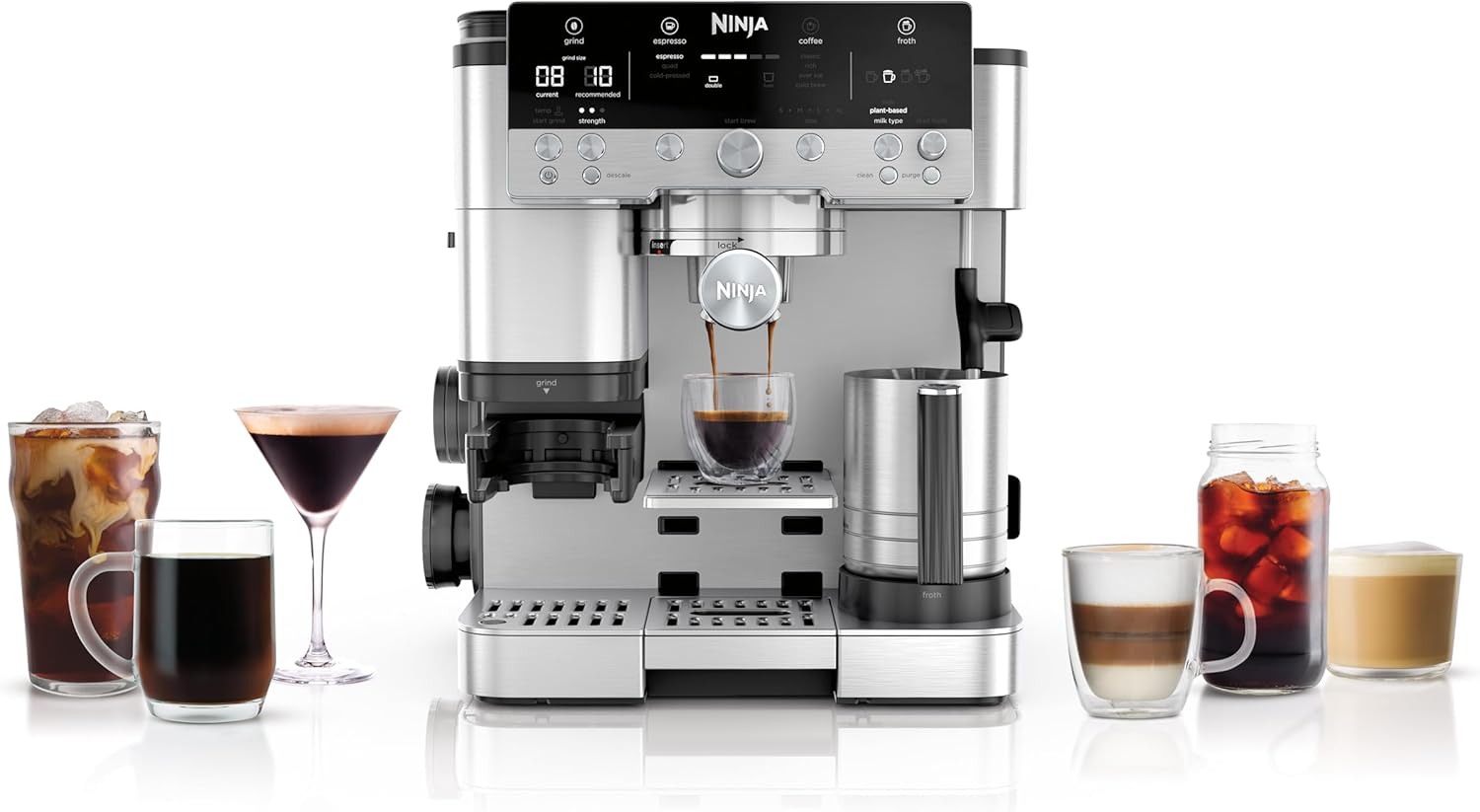 Ninja Luxe Premier ES601EU 3-in-1 Coffee Maker with Grinder and Frother for Latte, Cappuccino, Cold Brew & Espresso, Easy to Use, 4 Presets for Frothing, Silver
