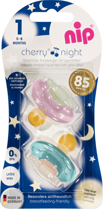 NIP Pacifier Cherry Night Latex pink/green Size 1, 0 - 6 months 2 pcs, 2 pcs