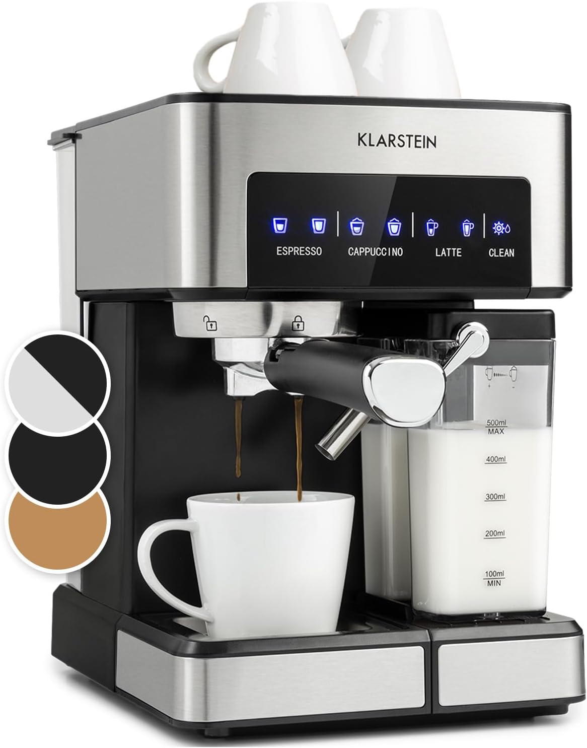 Klarstein Espresso Portafilter Machine with Milk Frother, 1.8 L Mini Espresso Machine with Portafilter, 20 Bar, Stainless Steel, Small, 0.5 L Milk Tank, 1350 W Coffee Machine for Ground Coffee