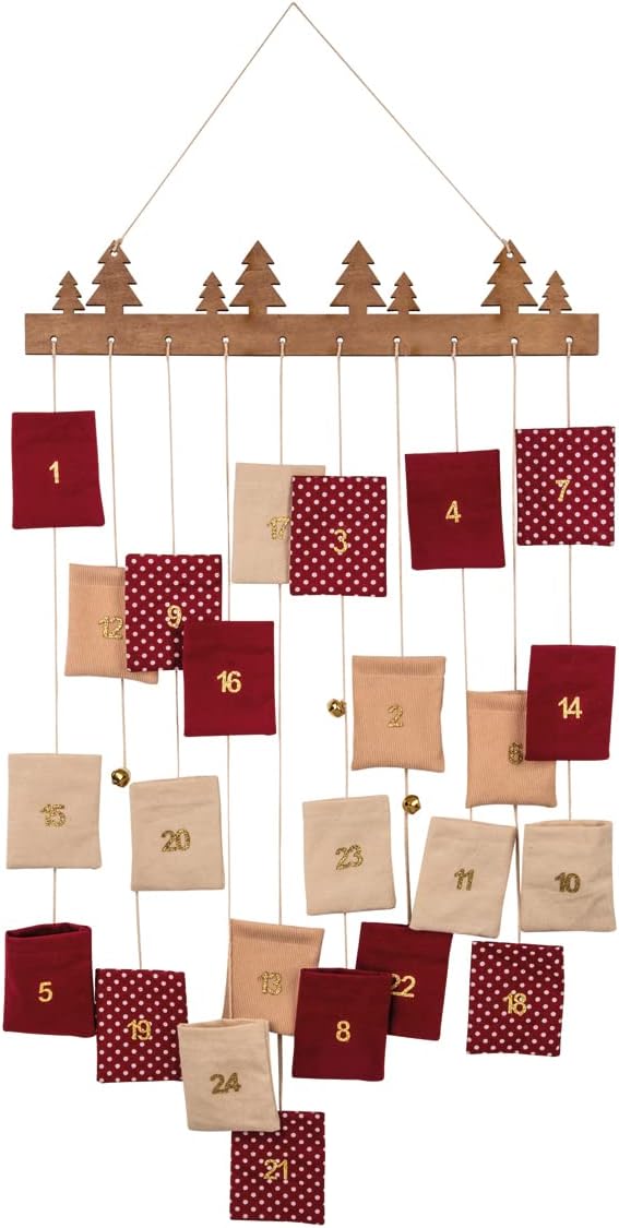 Rayher 46656999 Advent Calendar Set with Wooden Strip and 24 Bags to Fill, Red/Beige Colours, 44 x 95 cm