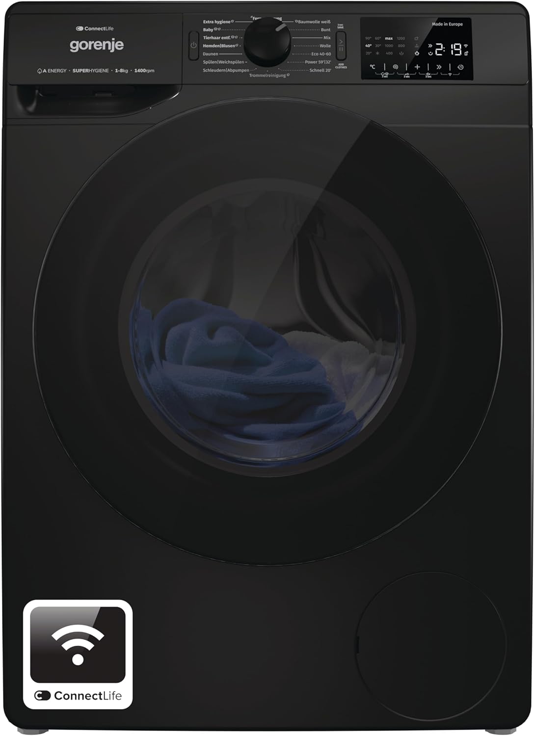 Gorenje WPNEI84A1DTSB Washing Machine with Steam Function, ConnectLife, 8 kg, 1400 rpm, 15 Programmes, Total AquaStop, Wave Active Drum, ExtraHygiene, PowerWash, Quick Wash, Energy Efficiency Class: A-10%