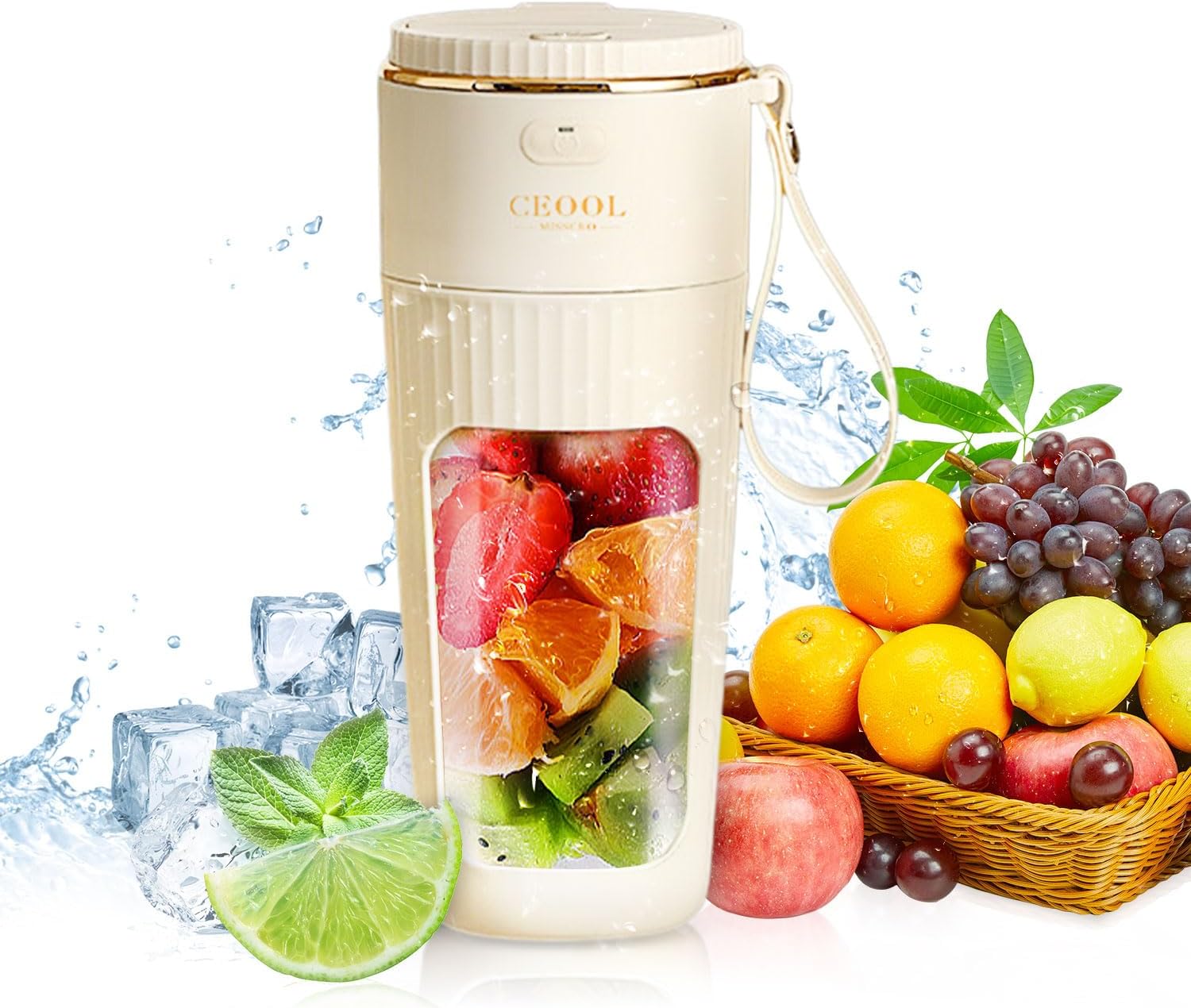 Besmall Mini Mixer, Smoothie Maker to Go, Fresh Juice Mixer Bottle, Portable Mixer, Mini Portable Blender with 10 Super Sharp Blades, 340 ml, Rechargeable, USB, for Sports, Camping, Fitness, Office